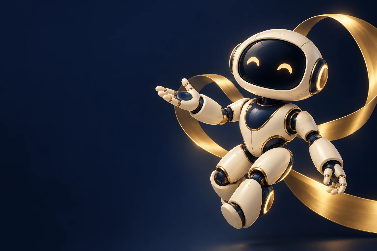 Charm’s friendly robot guide with a golden ribbon